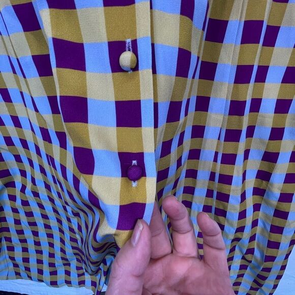 LHD Blue Plum Yellow Gingham Button Down Short Sleeve Silk Dress Size 4 - Picture 5 of 12